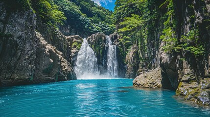 Canvas Print -   A serene body of water with a majestic waterfall dividing it, surrounded by lush greenery on either side