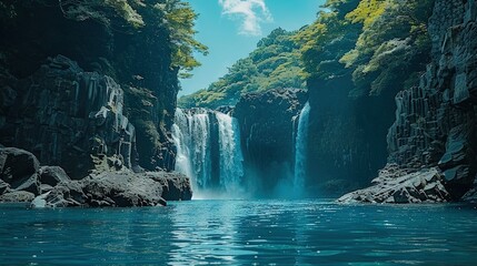 Canvas Print -   A picturesque waterfall cascades into a serene body of water, surrounded by lush greenery on either side