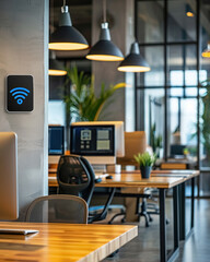 Wall Mural - Black router with blue Wi-Fi symbol on wall of bright, illuminated modern business office with furniture, computers, blurry background