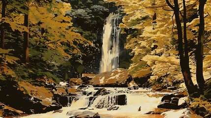 Poster -   A waterfall surrounded by snow-covered trees in a forest setting