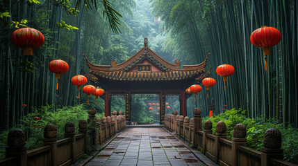 Wall Mural - A path with a red lantern archway leading to a building