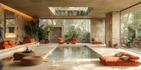 Wall Mural - A large, open living room with a pool and a lot of plants