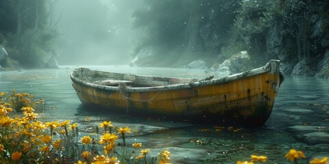 Wall Mural - A yellow boat is floating in a river with a lot of yellow flowers on the shore