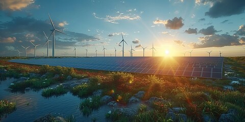 Wall Mural - Advanced renewable energy plant with solar panels and wind turbines