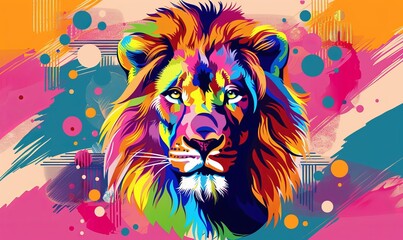 creative colorful lion king head on pop art style with soft mane and color background, Generative AI