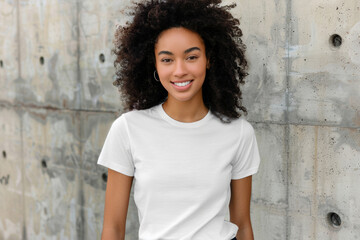 Wall Mural - Mockup. Young African American girl wearing blank white t-shirt in standing near gray grunge wall outdoors a sunny summer day. Mock up template for t-shirt design, print area for logo or design