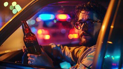 man holding glass beer bottle in driver seat of car