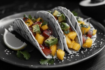 Canvas Print - Freshly prepared tacos served with a slice of lemon on a plate, perfect for a casual meal or snack