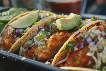 Wall Mural - A plate of delicious fish tacos with creamy avocado slaw and fresh lime wedges