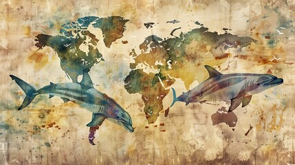 A watercolor world map illustration of world animals for a nursery wall poster. Excellent science, geography, oceans, africa, and europe poster for a kids room.