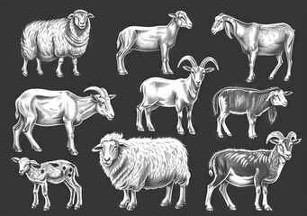 Animals drawn on chalkboard. Animals such as cows, donkeys, goats, rabbits, sheep, and lamas. Use as labels, icons, packaging, banners, or for books.