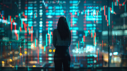 Wall Mural - A woman is looking out of a window at a cityscape with a lot of lights