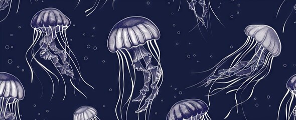 A dark blue and white art background featuring a line drawing of a jellyfish. A great decoration, wallpaper, interior design or textile theme.