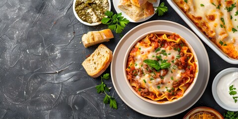 Wall Mural - Platter featuring lasagna, bread soup, and a side dish. Concept Platter presentation, Lasagna recipe, Bread soup recipe, Side dish ideas