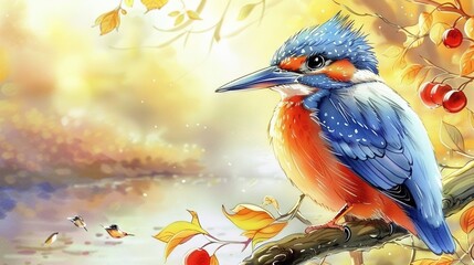 Poster -   A vibrant bird perched on an autumnal tree branch, surrounded by leafy foliage and juicy berries