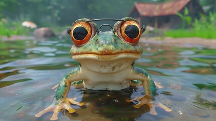 Canvas Print -   A close-up of a frog with glasses on its head and a house in the background