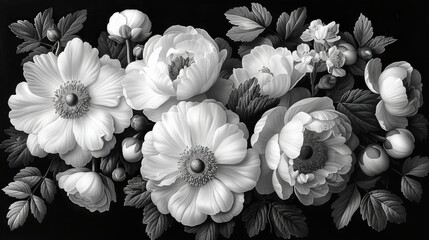 Wall Mural - An elegant bouquet of black and white flowers against a background of beautiful flowers. This would make an excellent wallpaper or greeting card design.