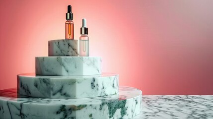 Showcase products elegantly on a marble podium stand in a minimalist studio. The pastel background and soft lighting enhance the beauty of your products.