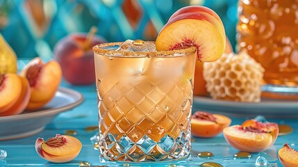 Poster -   A blue table holds a glass of drink and sliced peaches beside a plate of fruit