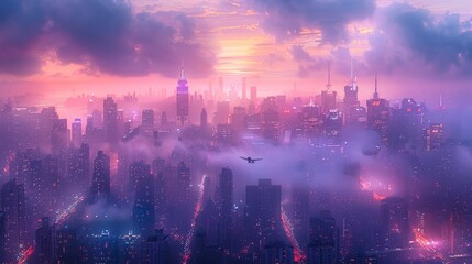 Wall Mural - Skyline of futuristic city buildings lit with neon neon. Neon-lit neon cityscape panorama with spaceships and purple skyscrapers.