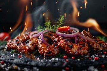 Wall Mural - Grilled beef steak with vegetables and spices. Flames and smoke on dark background. Baked meat. Delicious dish. Meat with spices and sauce.