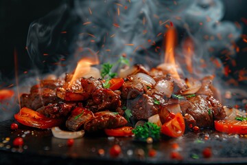 Wall Mural - Grilled beef steak with vegetables and spices. Flames and smoke on dark background. Baked meat. Delicious dish. Meat with spices and sauce.