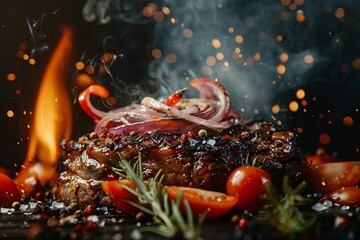 Wall Mural - Grilled beef steak with vegetables and spices. Flames and smoke on dark background. Baked meat. Delicious dish. Meat with spices and sauce.