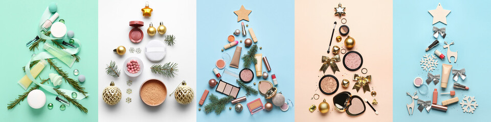 Wall Mural - Set of Christmas trees made of cosmetics and decorations on color background, top view