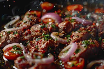 Wall Mural - Grilled beef steak with vegetables and spices. Flames and smoke on dark background. Baked meat. Delicious dish. Meat with spices and sauce.