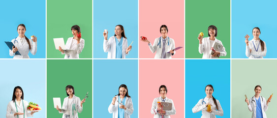 Canvas Print - Set of female nutritionists on color background