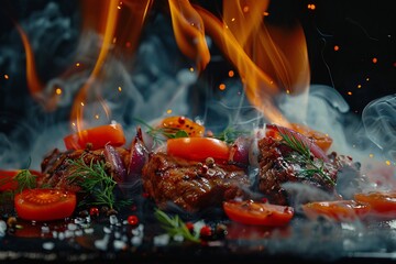 Wall Mural - Grilled beef steak with vegetables and spices. Flames and smoke on dark background. Baked meat. Delicious dish. Meat with spices and sauce.