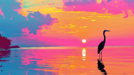 Poster -   A majestic bird perched atop water's edge, bathed in hues of pink and blue, as the golden sun dipped below the horizon