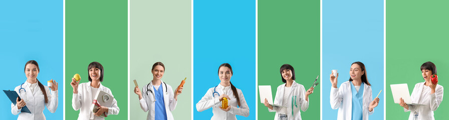 Canvas Print - Set of female nutritionists on color background