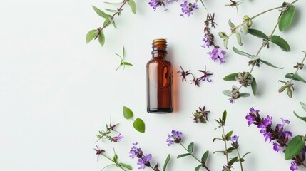 Wall Mural - Aromatherapy concept with glass myrtle essential oil bottle on white background