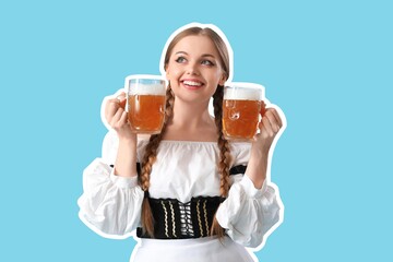 Wall Mural - Beautiful Octoberfest waitress with beer on blue background