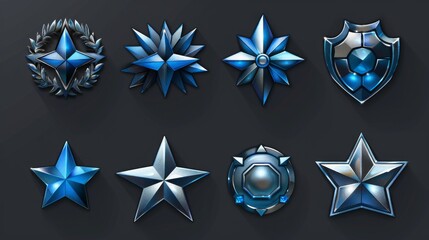 Military game rank buttons in hexagonal blue shield frames decorated with gemstone stars and wings.