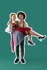 Poster - Young couple in traditional German clothes and with beer on green background