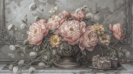 Sticker -  Pink flowers in a vase, cake on a