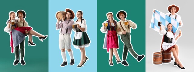 Poster - Set of young people celebrating Octoberfest on color background