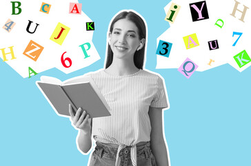 Sticker - Young woman with earphones and book on color background