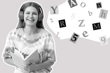 Poster - Young woman listening to audiobook on light background