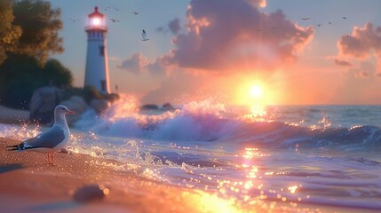 Poster -   A seagull perched on a sandy shore with an old lighthouse framed by golden rays during dusk