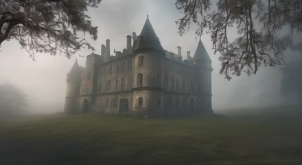 Sticker - Mist swirls around an abandoned castle its broken windows watching with empty eyes 4k animation