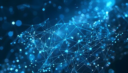 Poster - Abstract digital background with blue polygonal network lines and dots, AI technology concept