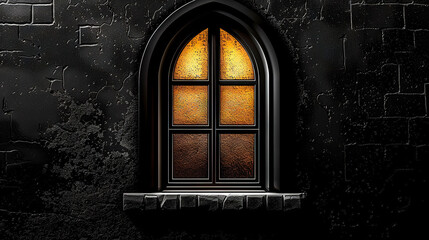 Canvas Print -   A stained glass window graces a black building's side, resting on a brick wall and stone sill