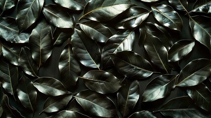 Poster -   Dark green leaves with a light shining on them, arranged in clusters