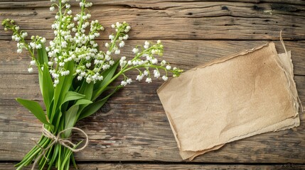 Sticker - Vintage card with lily of the valley bouquet on rustic table top view with space for text