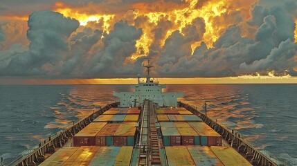 Wall Mural -  A vast cargo vessel amidst a tranquil sea, surrounded by billowing white clouds