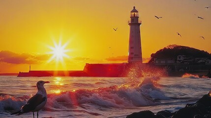 Canvas Print -   A seagull perched atop a rock, facing the ocean as the sun descended behind a lighthouse in the distance