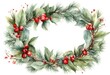 © wafi - branches botany spruce floral vertical mistletoe border art background composition red painted oval chaplet wreath winter botanical tree berries beautiful christmas hand illustration watercolor berry